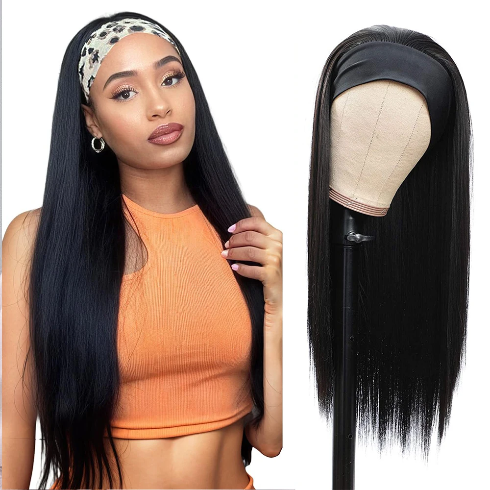 Synthetic 18-24 Inch Headband Wig Hair Straight for Black Women Glueless None Lace Front Wig Daily Party Halloween Cosplay Use