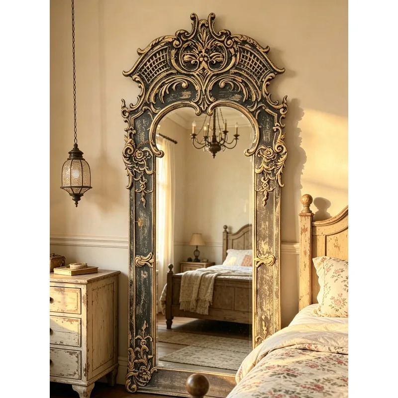 French retro carved antique full-length mirror, heavy wood carving process