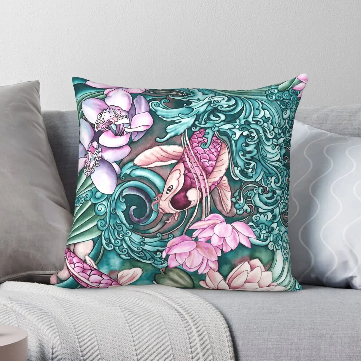 Koi Fish Pond Square Pillowcase Polyester Linen Velvet Printed Zip Decor Throw Pillow Case Sofa Seater Cushion Cover
