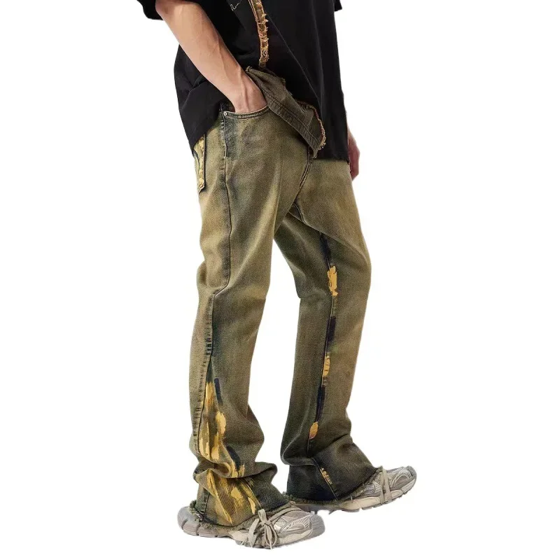 Pop European And American Retro Flared Jeans For Men Washed And Distressed High Street Slim Straight-leg Pants For Autumn And Wi