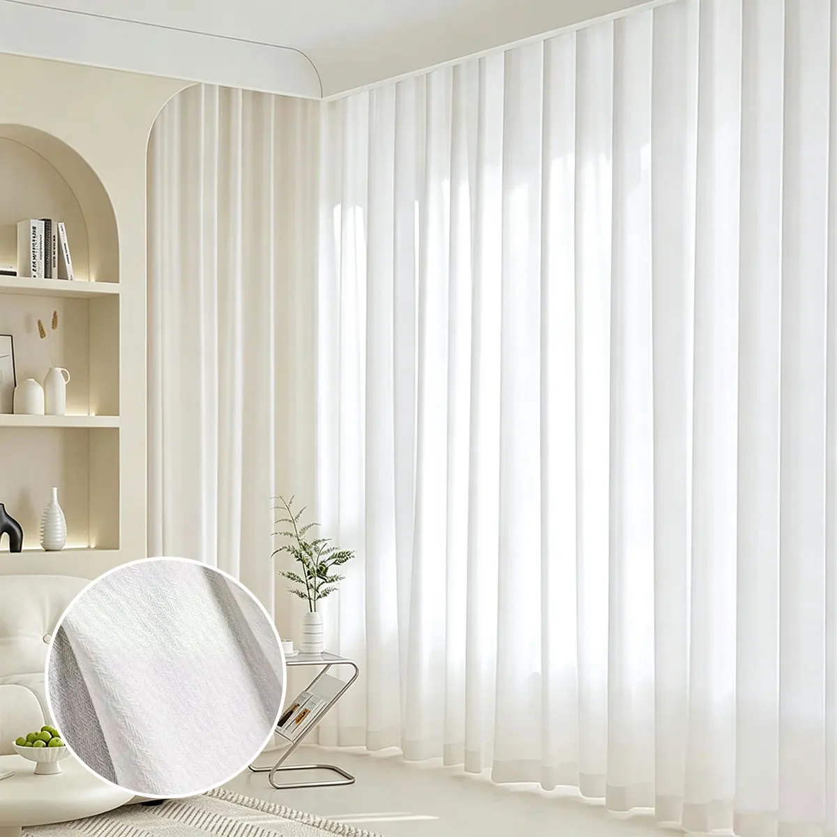 Solid White Textured Sheer Curtains 2 Panels, Four Prong Hook, Vertical Voile, Light Filtering Drape for Bedroom Living Room