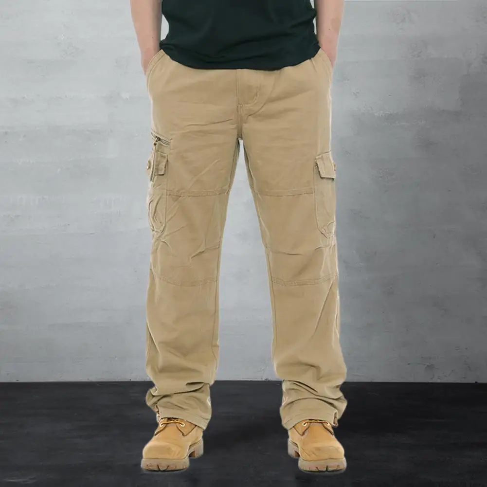 Men Cargo Pants Multi Pockets Button Zipper Closure Plus Size Elastic Waist Straight Loose Wide Leg Gym Work pants for men