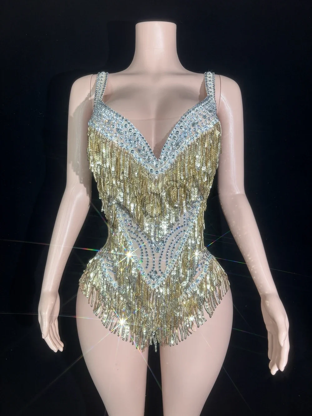 Body z dżetami, cekinami i frędzlami na scenę, seksowny, prześwitujący kostium do tańca dla kobiet, kostium dla piosenkarki/tancerki.