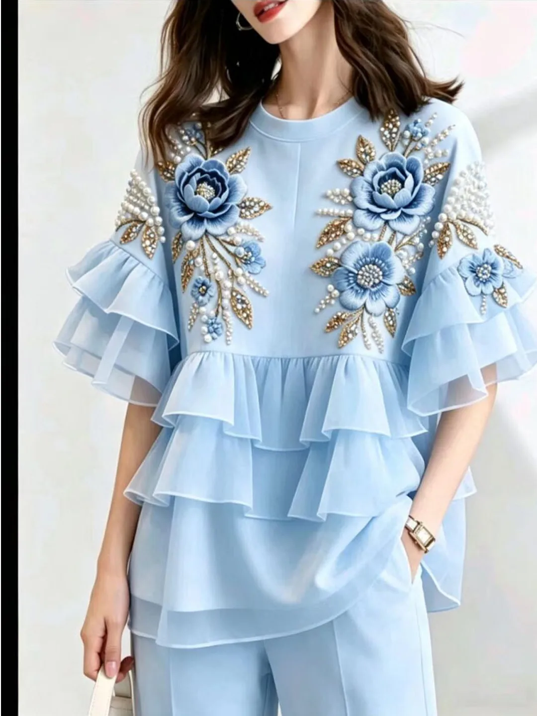 Ladies Large Size Blue Floral Beaded Top Fashionable Summer New Style Korean Style Loose Fit round Neckline Sleeve Length