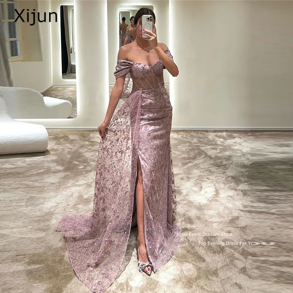 

Xijun Glitter Lace Evening Dresses Prom Gowns Side Slit Gogerous Sequined Formal Occasion Prom Dress Saudi A-Line Floor Length