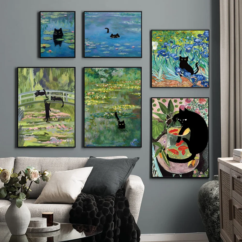 

Claude Monet Artwork Black Cat DIY Sticky Poster Fancy Wall Sticker For Living Room Bar Decoration Wall Decor