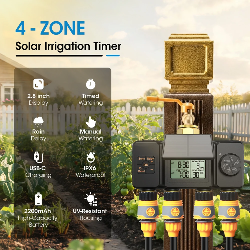 Solar Garden Water Timer 4-Way Automatic Irrigation Valve Watering System Timing Device Rain Delay Programmer for Outdoor Garden