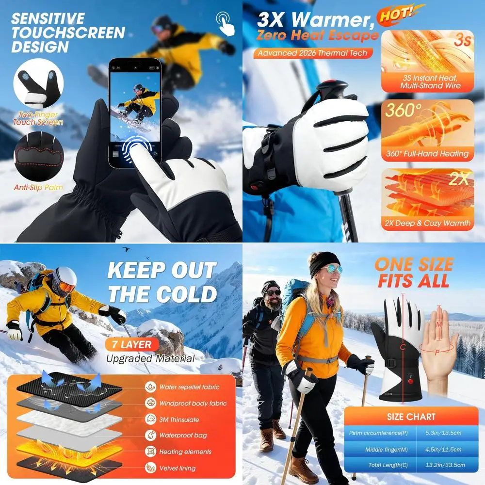 

Перчатки с подогревом для мужчин и женщин, улучшенные, 8000 мАч, перезаряжаемые зимние перчатки с подогревом и сенсорным экраном, нескользящие водонепроницаемые электрические перчатки
