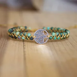 Women Men Tree of Life African Japser Braided Charm Bracelet Handmade Natural Stone Boho Yoga Wrap Bracelet