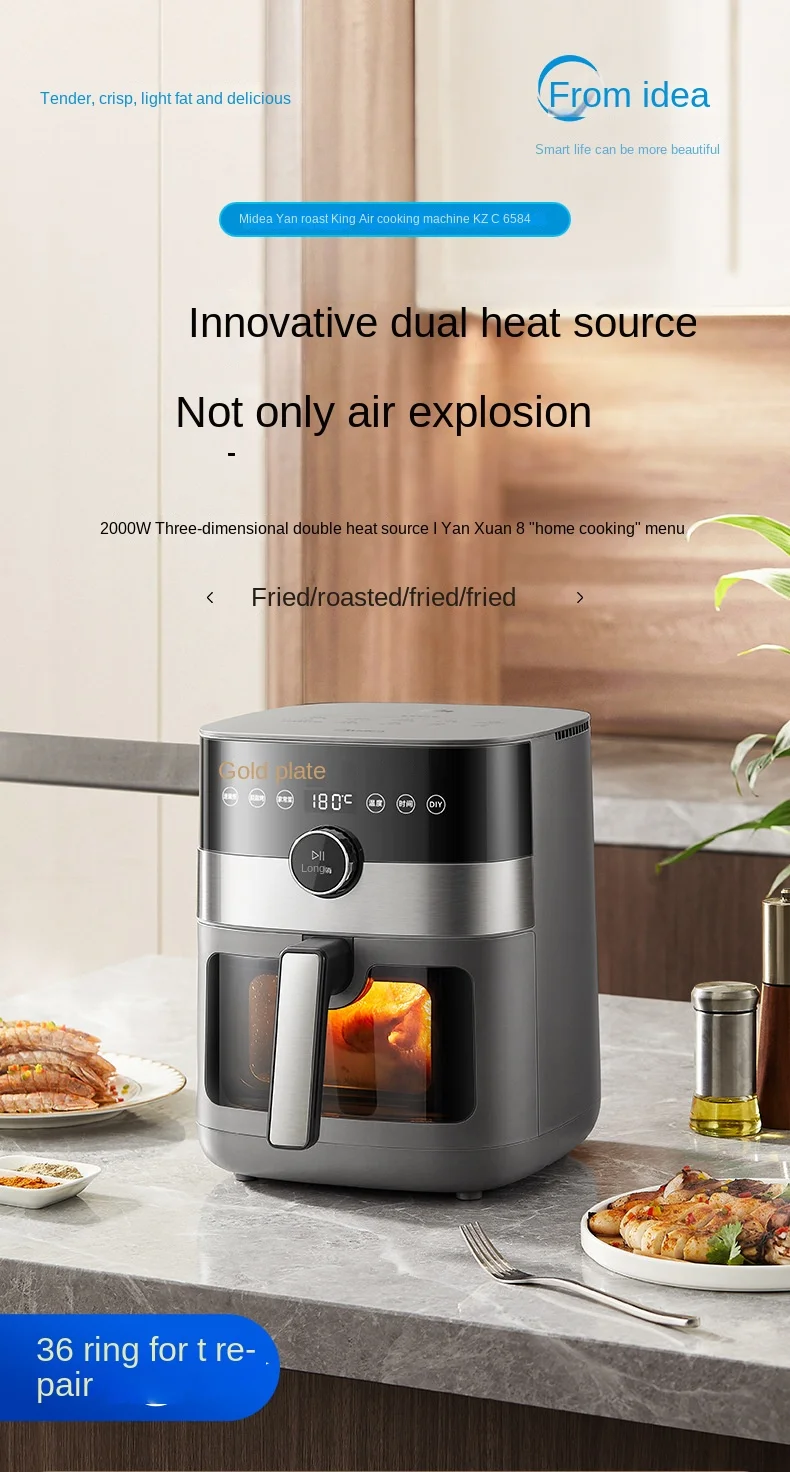 Midea air fryer with dual heat sources, visible and multifunctional 6.5L air fryer