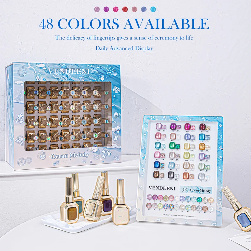Conjunto de Esmalte em Gel Cat Eye com Glitter Chunky em 48 Cores, Kit de Manicure com Efeito Brilhante Ocean Melody e Acabamento Satin UV LED