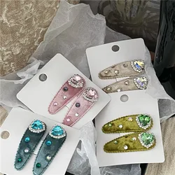 Retro Rhinestone Love Heart-Shaped Hairpin a Pair of Hairclips Gold Velvet Water Drop BB Clip Side Shredded Hair Bangs Clip