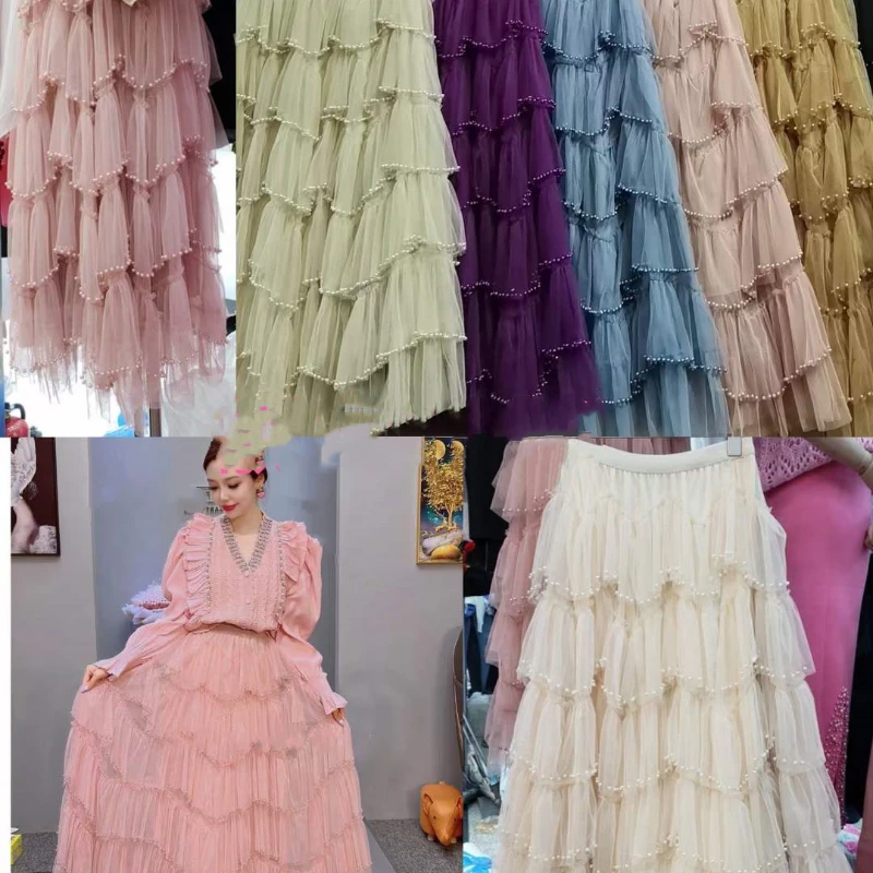Saia Linha A Metade do Corpo Feminina Ruffle, Saia Longa, Elegante, Versátil, Monocromática, Elástico na Cintura, Moda Feminina, Q933
