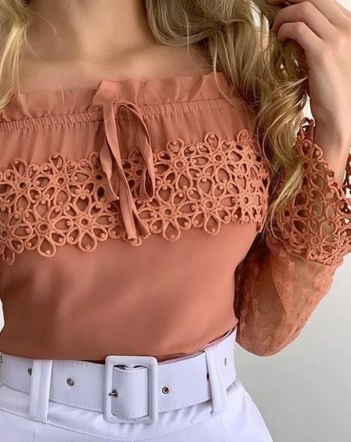 Women's T-Shirt 2024 Summer Fashion Off Shoulder Guipure Lace Frill Hem Casual Long Sleeve Drawstring Blouses for Women Y2K