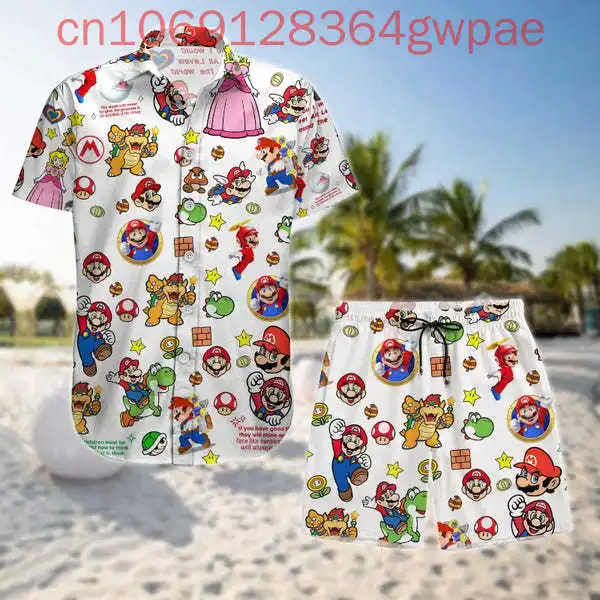 Super Mario Princess Peach Hawaiian Shirt Shorts Set Summer Men's Women's Casual Short Sleeve Beach Shirt Shorts Two-Piece Set