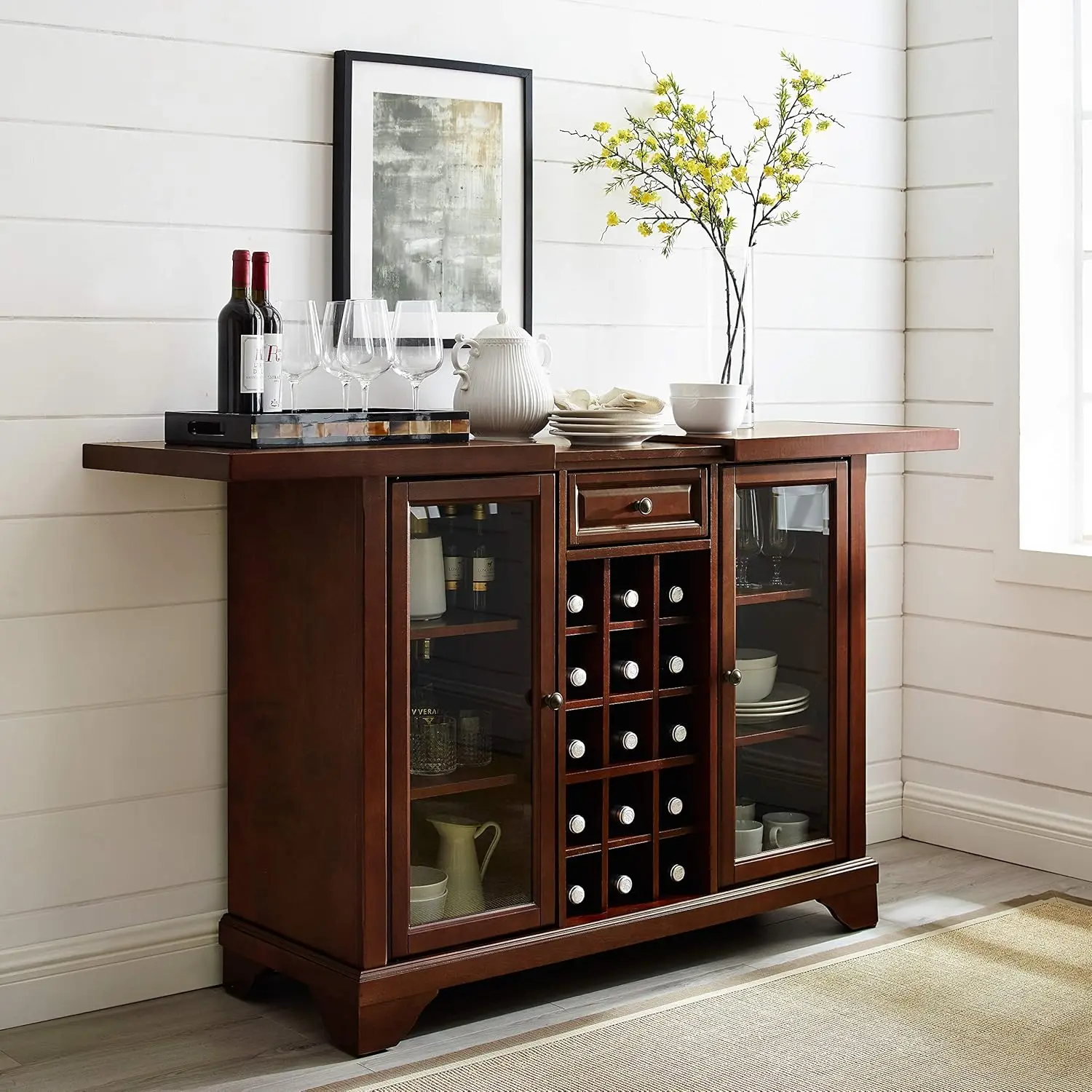 Sliding Top Bar Cabinet with Storage Shelves Drawer and Wine Rack Vintage Mahogany Solid Hardwood and Veneer Construction