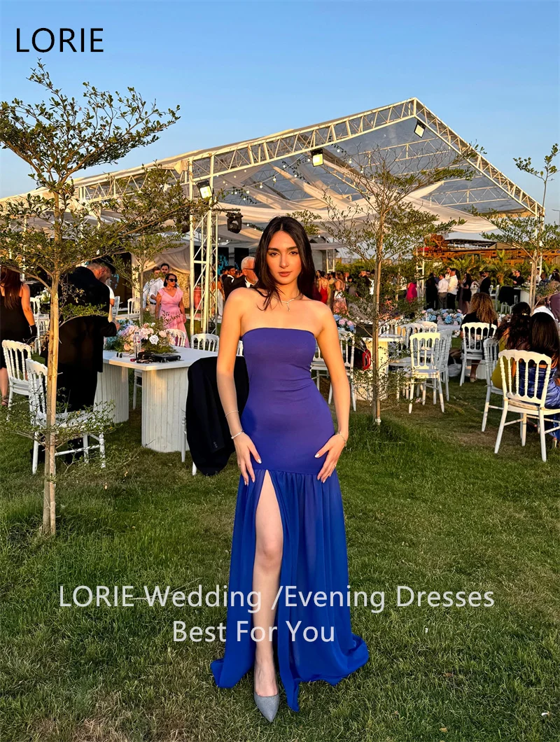 فساتين سهرة بحورية البحر باللون الأزرق الملكي من LORIE ثنيات بدون حمالات وفتحة جانبية للحفلات أنيقة بطول الأرض فساتين حفلات مخصصة