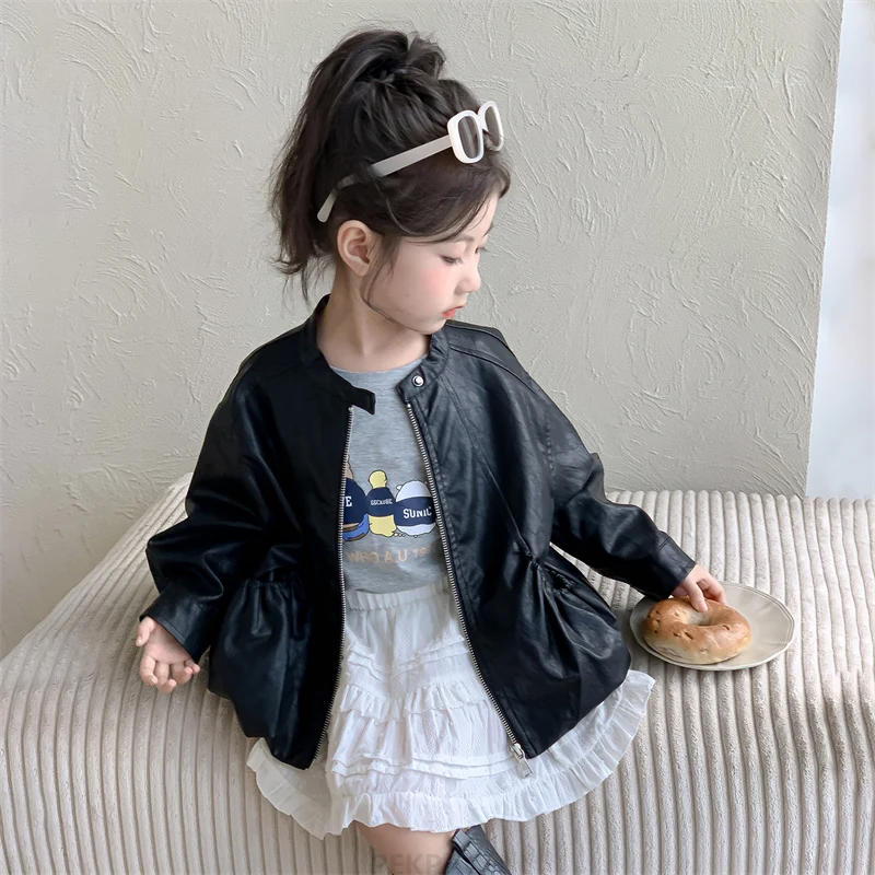 موجز نمط طفلة عادية سترة جلدية سوداء مع سحاب أطفال الأطفال بلون الخريف بولي معطف معطف جلد 2 3 4 5 6 7 8 9 Y