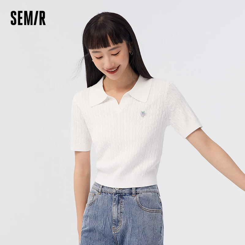 Semir Women Short Sleeve Sweater Short Fit Sweetheart 2024 Summer New Twisted Blossom Sweater Soft Style