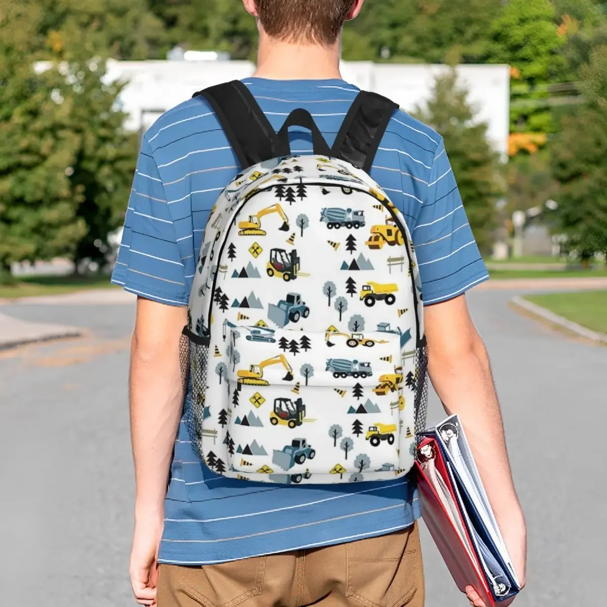 Mochilas con patrón de tema de camiones de construcción azules para niños y niñas, mochilas escolares para niños, mochila para computadora portátil, bolsa de hombro