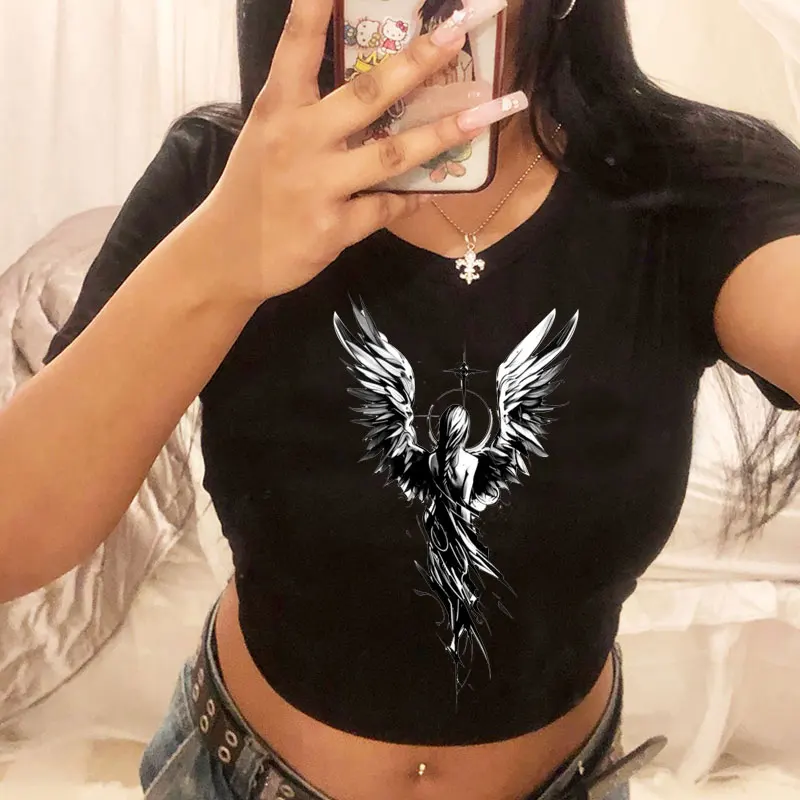Summer outfit Star Angel Print Pattern Short Sleeve O Neck Sexy Cropped Navel Women Crop Tops Fashion T-Shirt