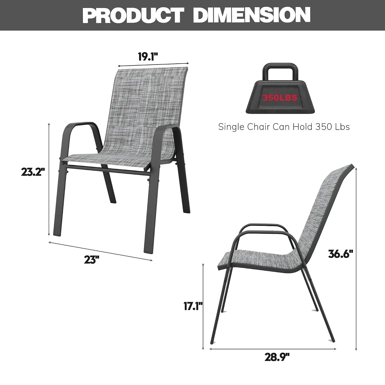 Stackable Patio Dining Chairs Set of 6, Textilene Fabric & Metal Frame for Backyard Deck Garden, Customized