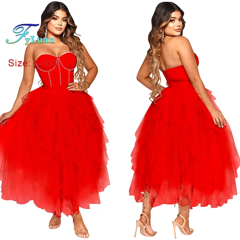 

New Fashionable Women Solid Color Hot Diamond Tube Wrap Chest Top Fluffy Mesh Dress Women Evening Dress Sexy Temperament Clothes