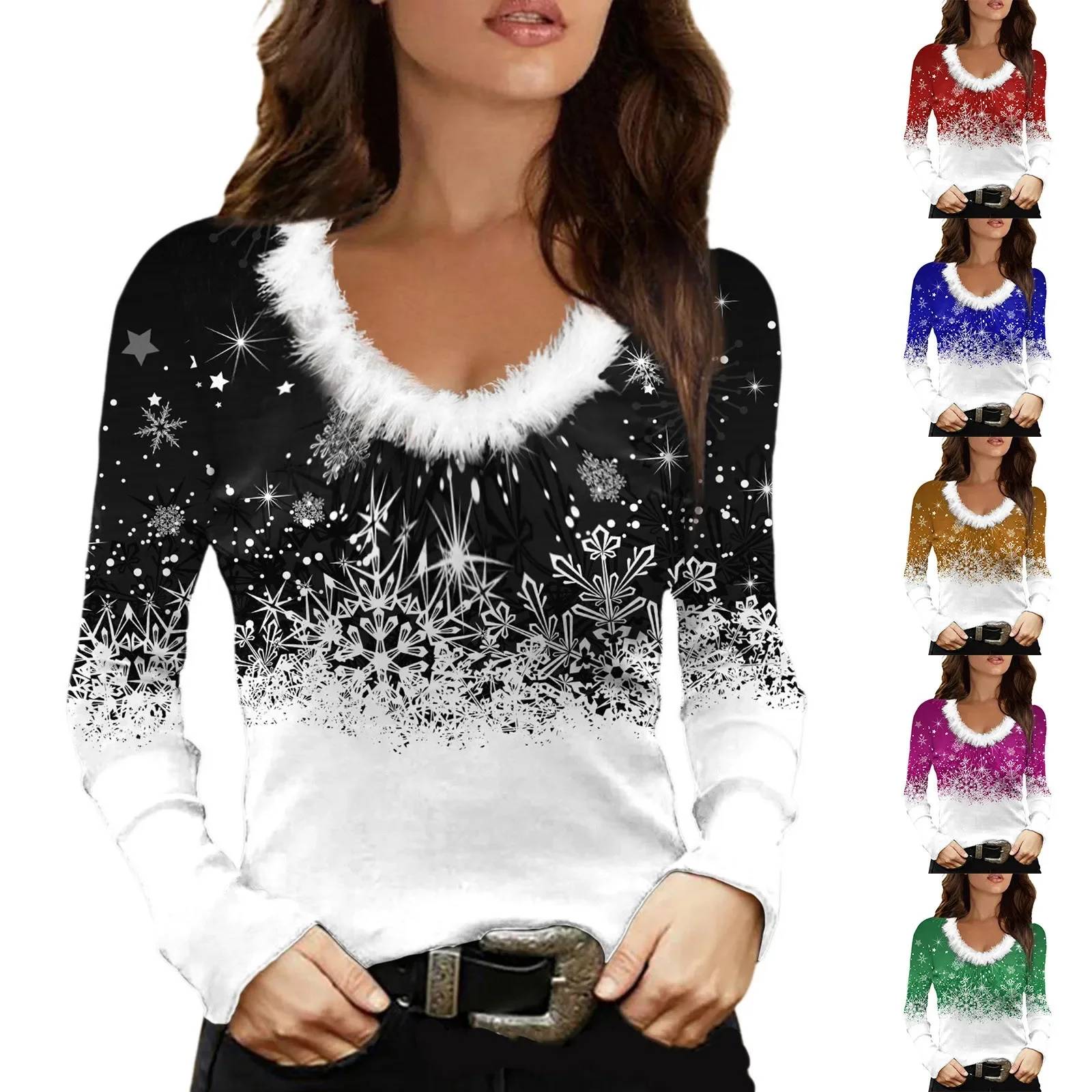 Sudadera de manga larga con cuello de piel para mujer, blusa de fiesta de felpa con cuello en V, camiseta delgada con estampado navideño, otoño e invierno, nueva