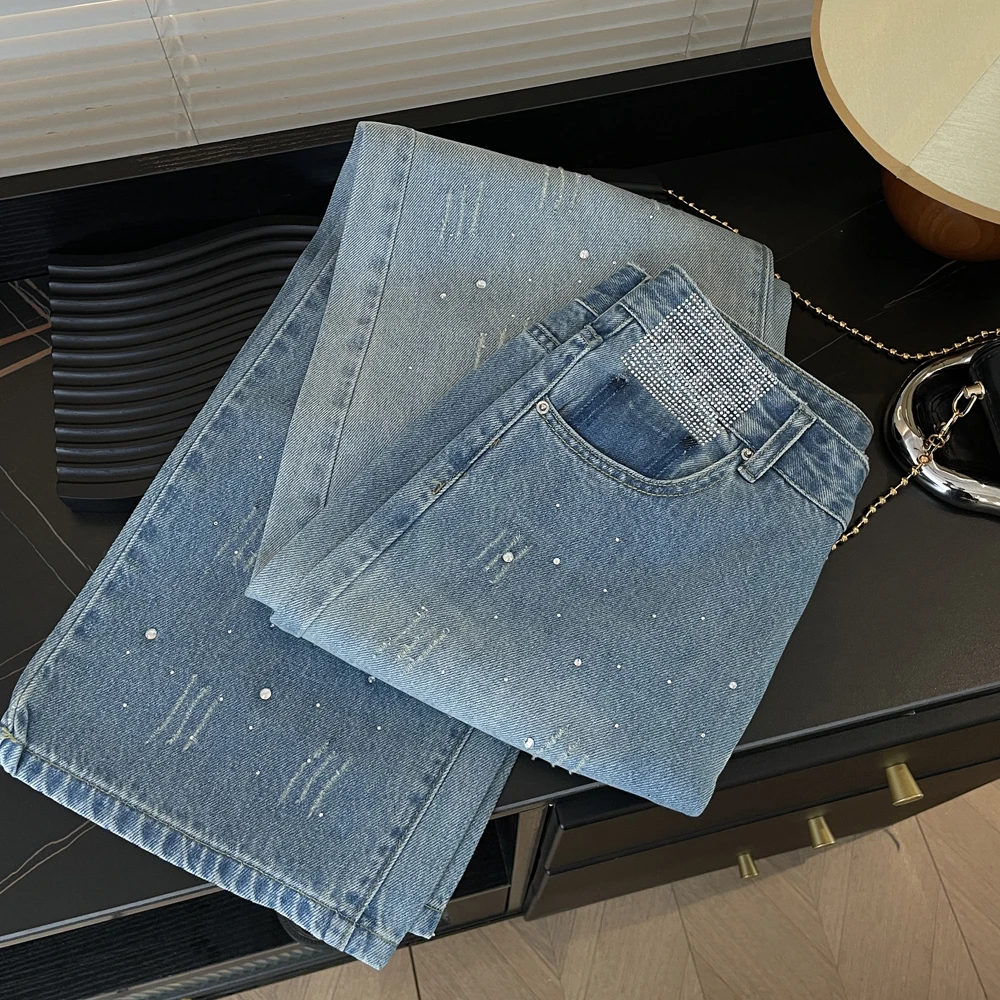 

Джинсы женские летние из плотного денима с эффектом потертости, синие, с высокой талией, прямые, широкие штанины, повседневный стиль