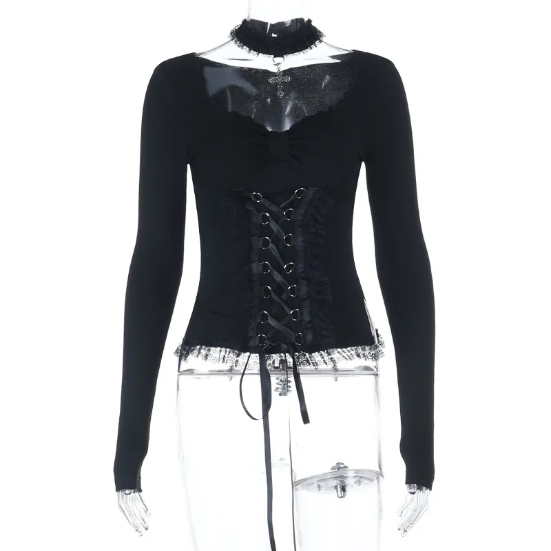 Japanese Dark Gothic Style Elegant Lace T-shirt Women's Long-sleeve V-neck Bow Slim Top Y2K Aesthetic Harajuku Shirt Pullover