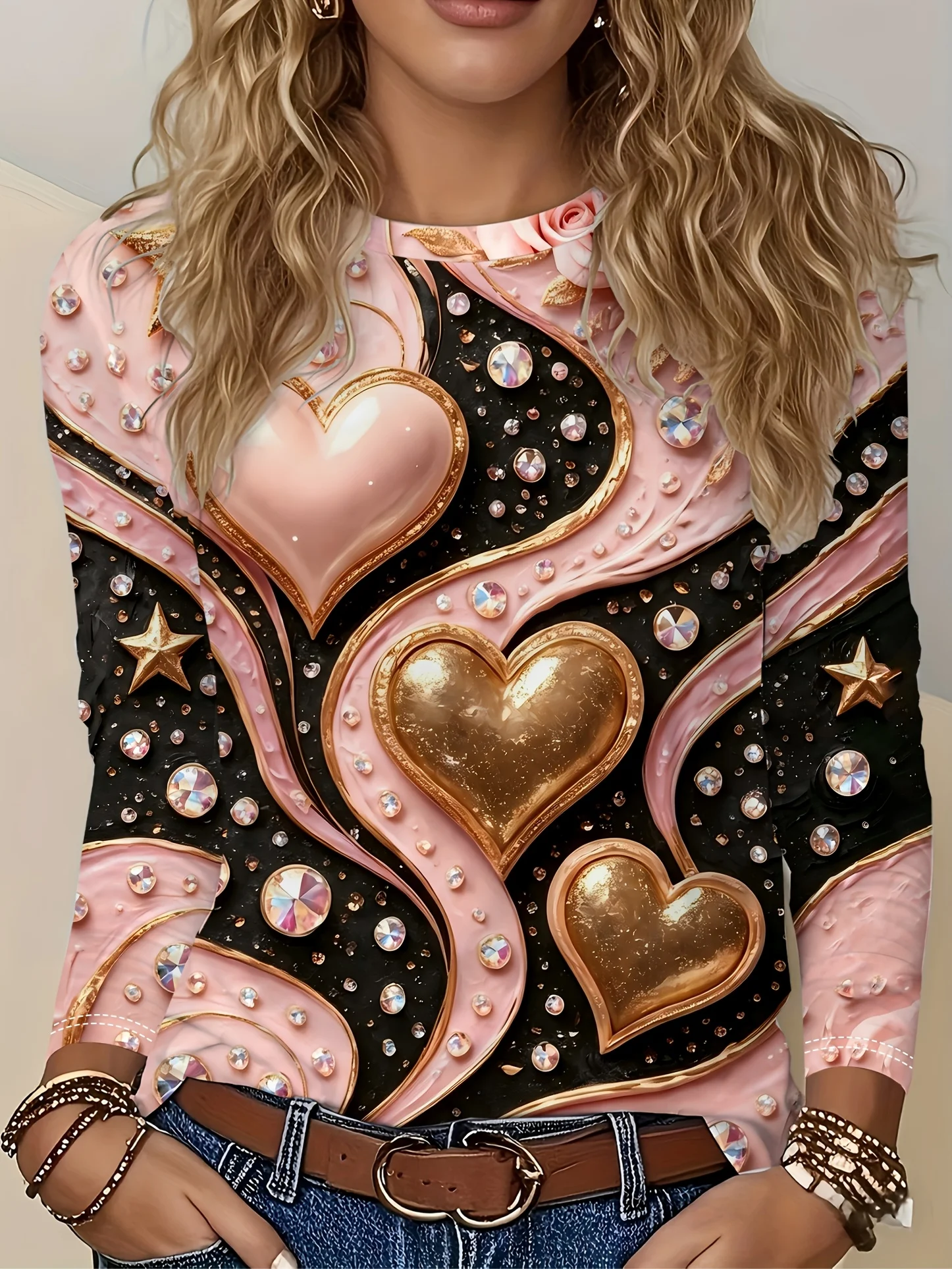 Women T‑Shirt Long Sleeve 3D Glitter Heart Rhinestone Wave Print Tees Female Wear Daily O‑Neck Fashion Basic Top Women's Clothes