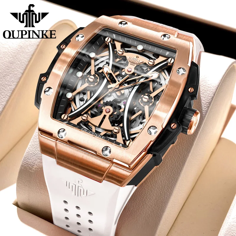 OUPINKE 3215 Luxury Tonneau Mens Skeleton Automatic Mechanical Wrist Watch For man White Silicone Strap Waterproof Watch