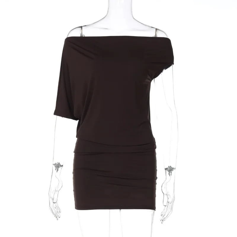 Women Solid Irregular Off Shoulder Mini Dress Fashion Sexy Slash Neck Short Sleeve Bodycon Casual Dresses Summer Streetwear