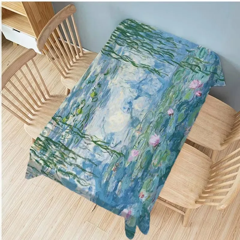 Claude Monet Impressionism Oil Painting Waterproof Dining Table Cloth Summer Lily Garden Tropical Plants Green Linen Tablecloth
