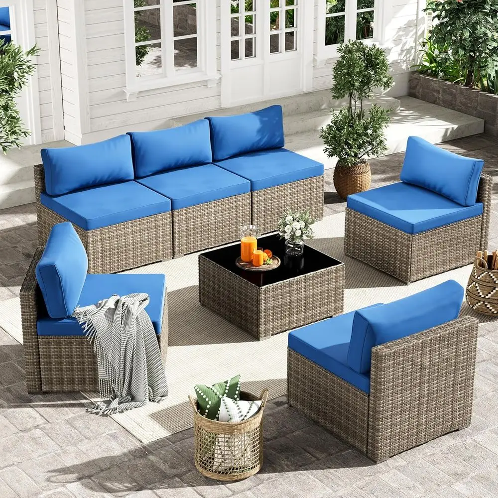 

7-Piece Outdoor Wicker Sectional Sofa Set with Glass Table and Blue Cushions, All-Weather Grey