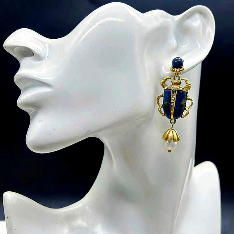 Vintage Scarab Beetle Dangle Earrings for Women with Rhinestones Imitation Pearls and Gradient Color Imitation Gemstone Jewelry