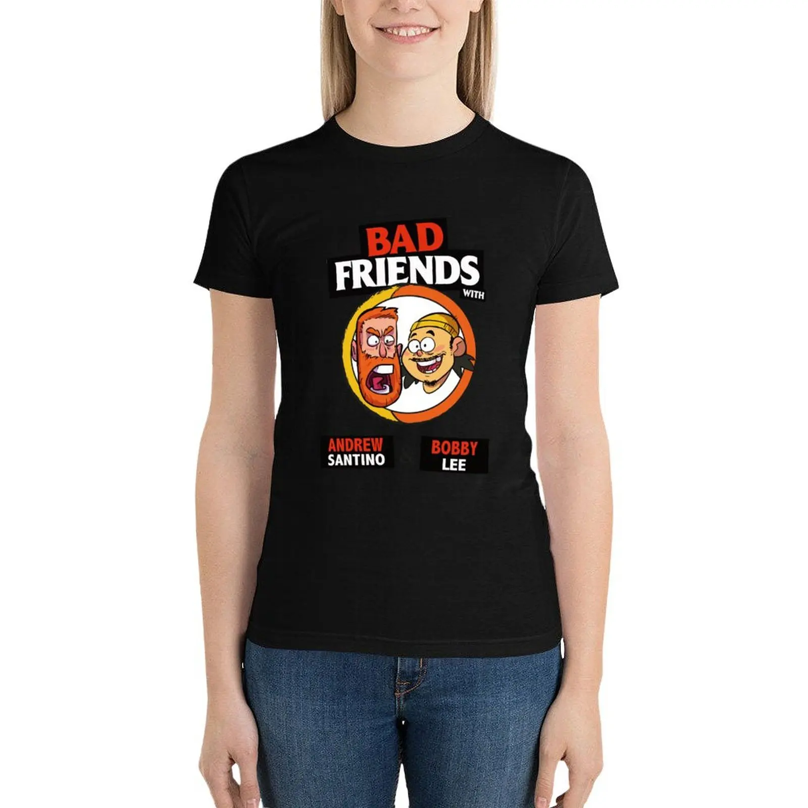 Bad Friends podcast-bobby lee-andrew santino Tシャツ、サマートップ、ブラック、女性用服