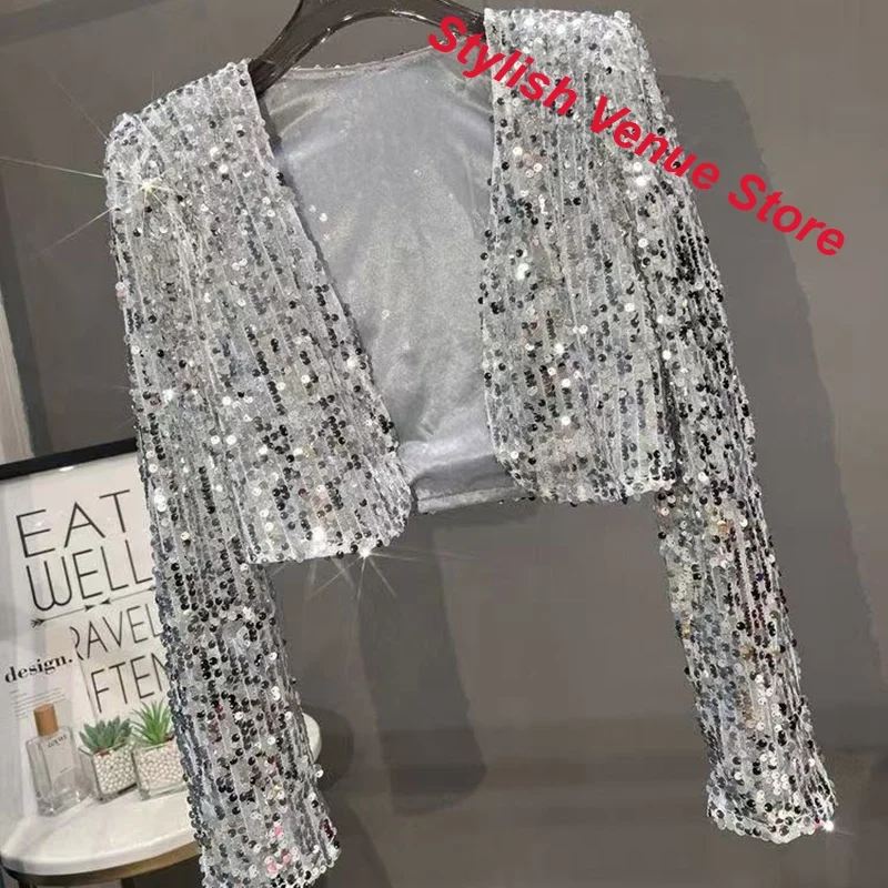 Korean retro sequined suit jacket women's spring and autumn new fashion Joker slim temperament long sleeve short cardigan coat.