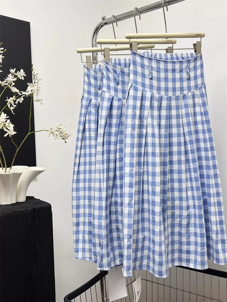 

plus Size Korean Style Plaid A-Line Skirt Women's Slimming Midi Skirt Blue White Grid Pattern Pleated Skirt