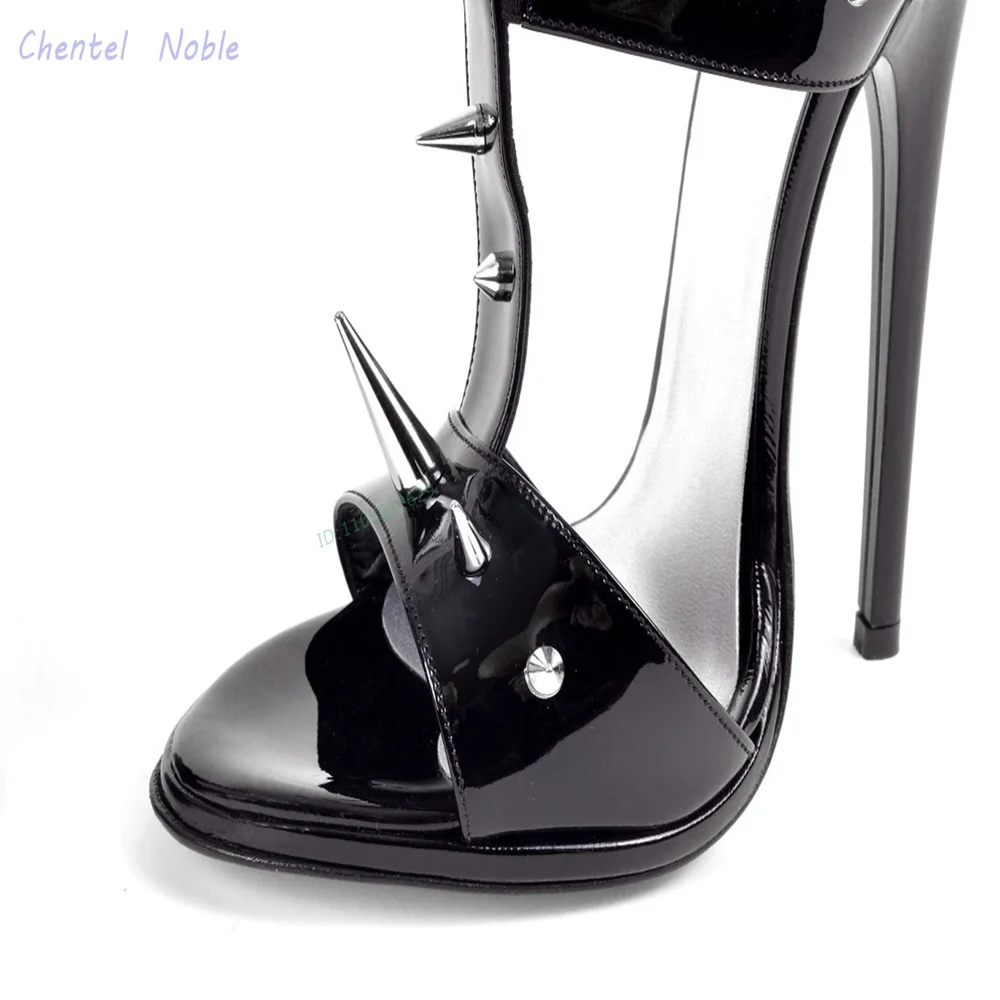 Black Patent Leather Sandals Pointed Rivets Metal Spikes Round Toe Women Stiletto Thin High Heels Summer Shoes Arrivals Party