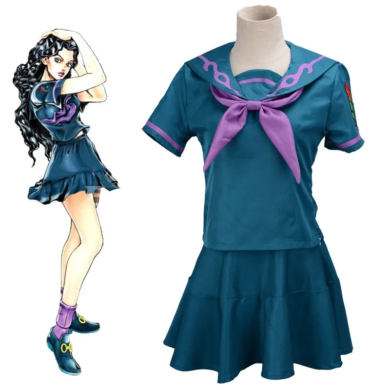 

Jojo's strange adventure women's clothing, 3-piece anime set with top, skirt, and tie, used for Halloween