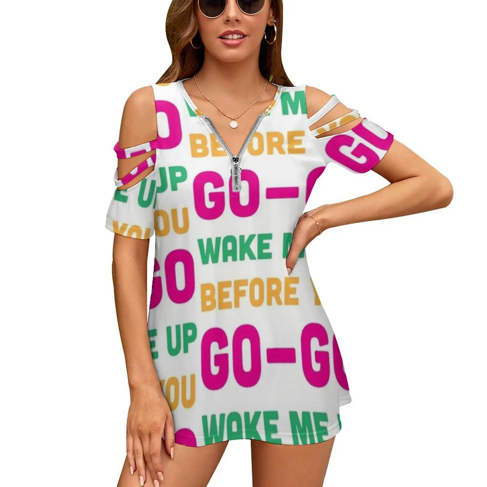 Wake Me Up Before You Go Go Women'S T-Shirt Summer Fashion Print Floral V-Neck Zipper Tshirt Hollow Pullover Ladies Top George