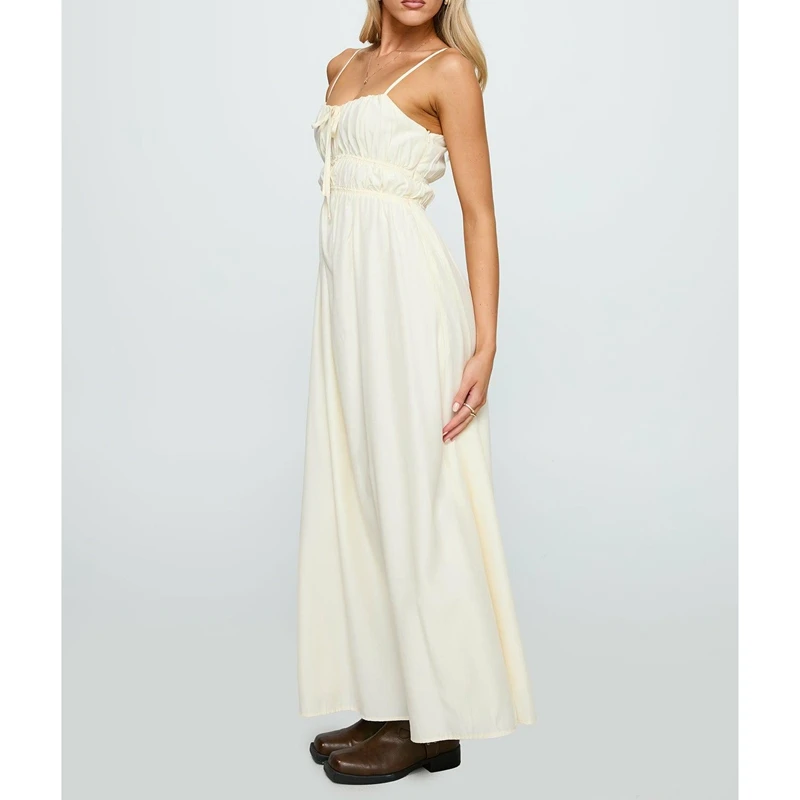 Combhasaki Donna Estate Elegante Senza Maniche Collo Quadrato Fiocco Legato Decor Smocked Increspato Cinghie Regolabili A-line Cami Abito Lungo