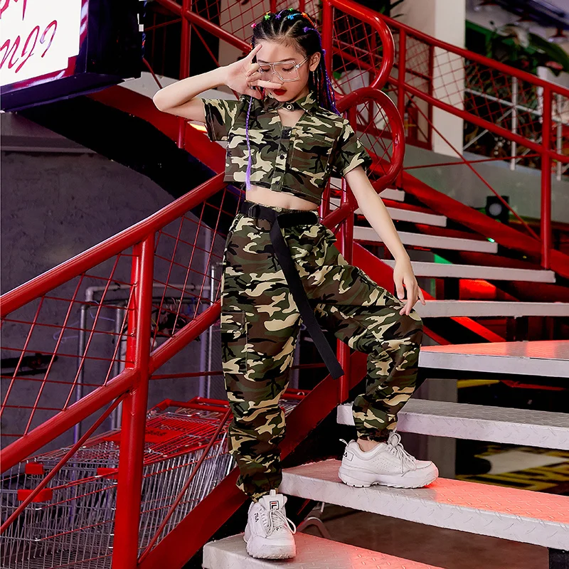 New Boys Street Dance wear Hip Hop Girls Clothes Short Sleeve Camouflage Suit Hiphop Pants Camp Military Training Clothing