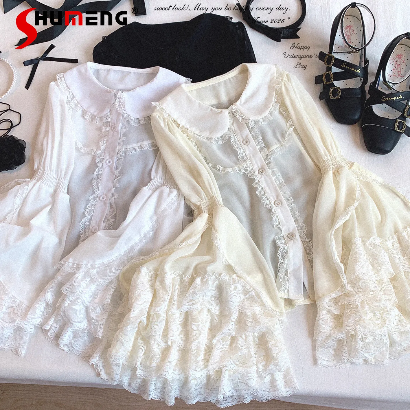 

Original Elegant Retro Sweet Heavy Industry Lolita Blouse Lace Doll Collar Flared Sleeve Single Breasted Shirts Tops for Women