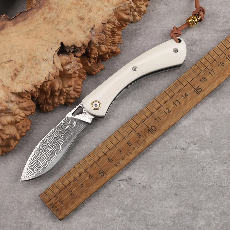 

New Damascus Steel Bull Bone Handle Folding Knife Outdoor Portable Fruit Knife Self Defense Tool