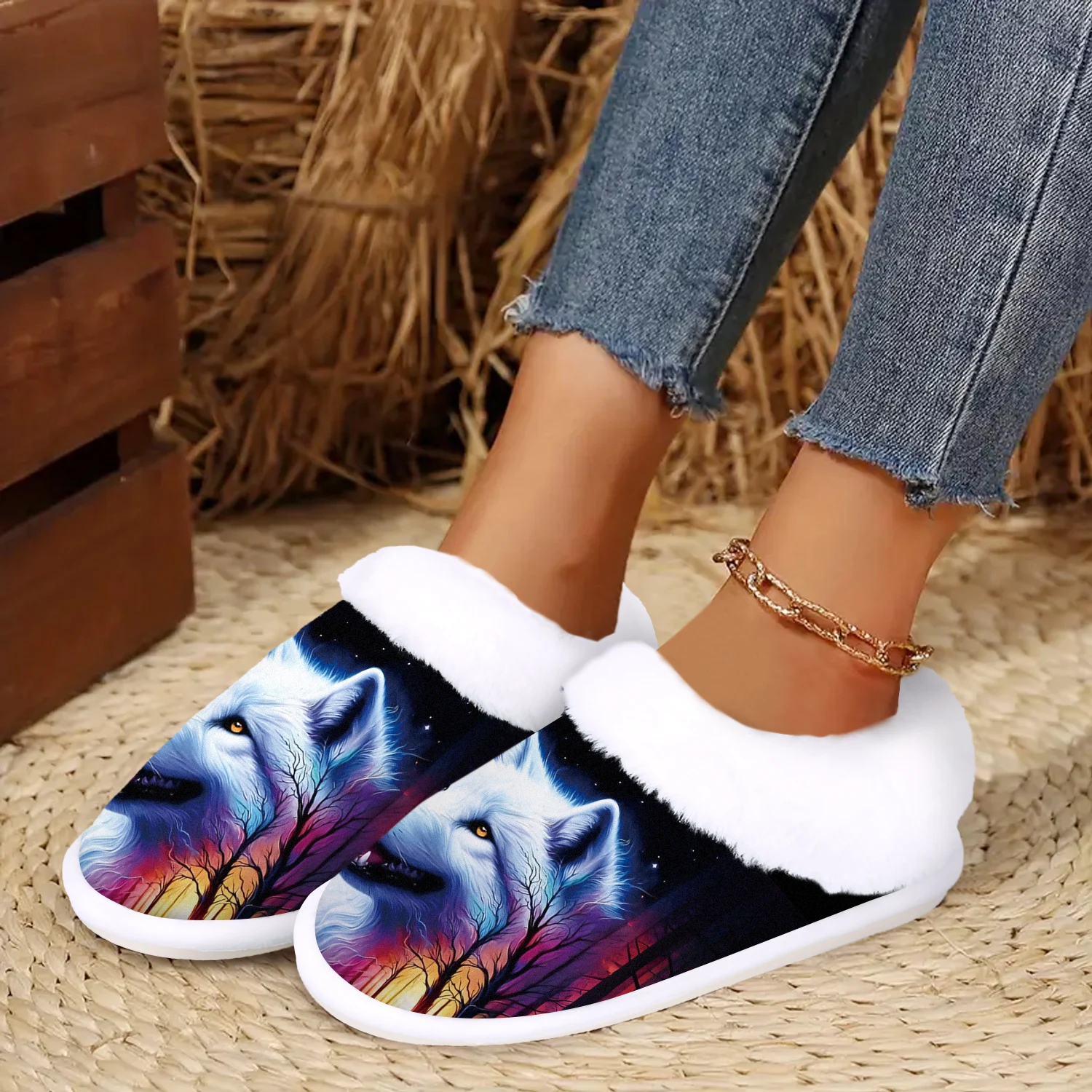 شبشب نسائي شتوي مريح بطبعة الذئب - مبطن بالصوف الدافئ، نعل مطاطي غير قابل للانزلاق، حذاء منزلي سهل الارتداء، مثالي لجميع المواسم