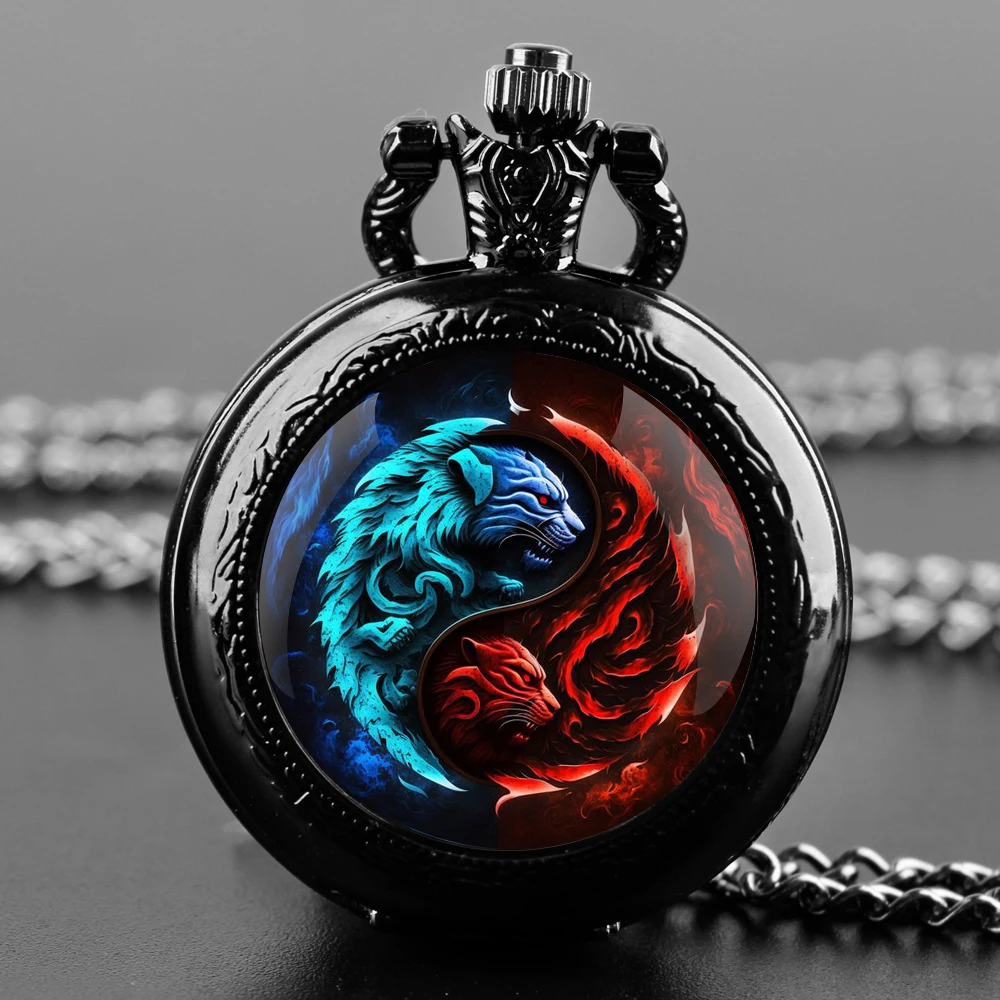 Exquisite Ice and Fire Lion Glass Dome Quartz Pocket Watch Arabic numeral Necklace Pendant Gifts For Women Man with Chain