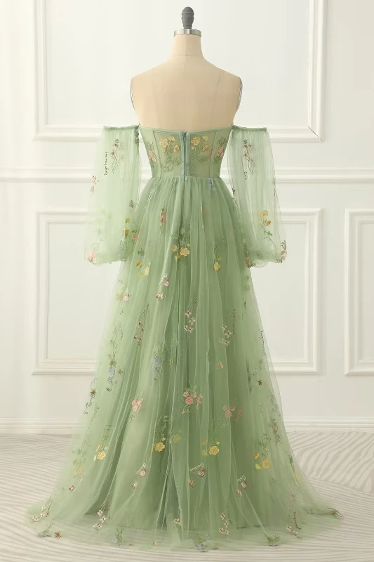 High Quality Customized Sweetheart Floor Length Tulle Appliques Three Quarter Backless Zipper Up Green Robe Pour Mariage Invité