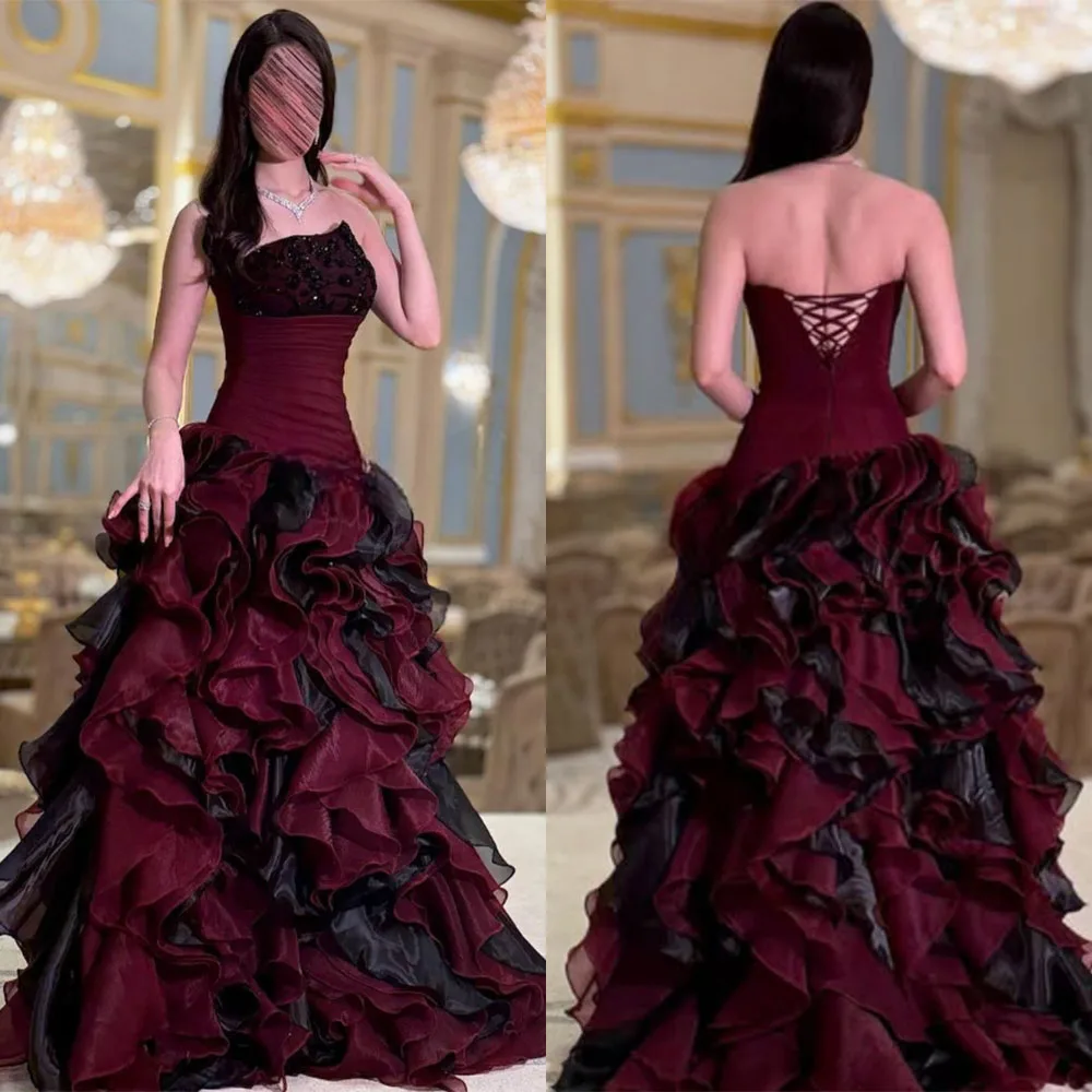 

High Quality Customized Floor Length Back Strap Sleeveless Pleat Beaded Tiered Robe Pour Mariage Invité Red Evening Gowns فستان